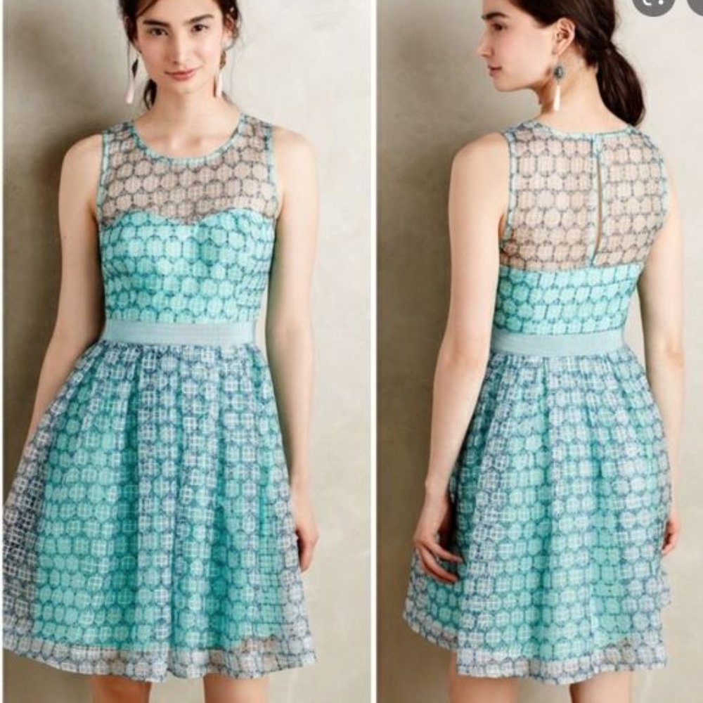 Moulinette Soeurs Anthropologie Chasia Dress Bright Blue w Unique Overlay Size 6